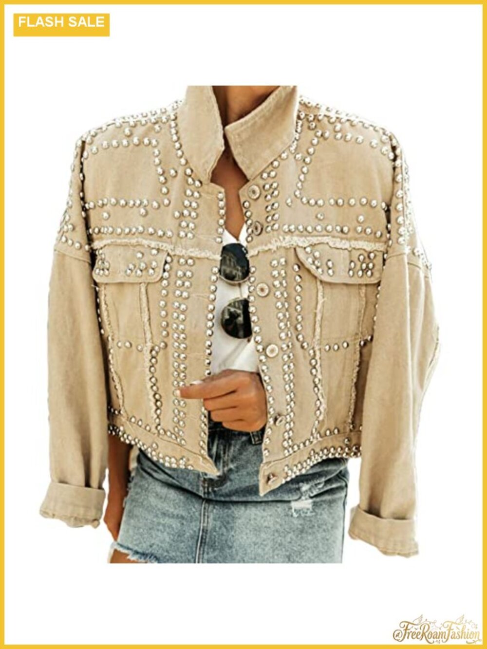 Women's Crop Fringe Denim Jacket Distressed Western Studded Trucker